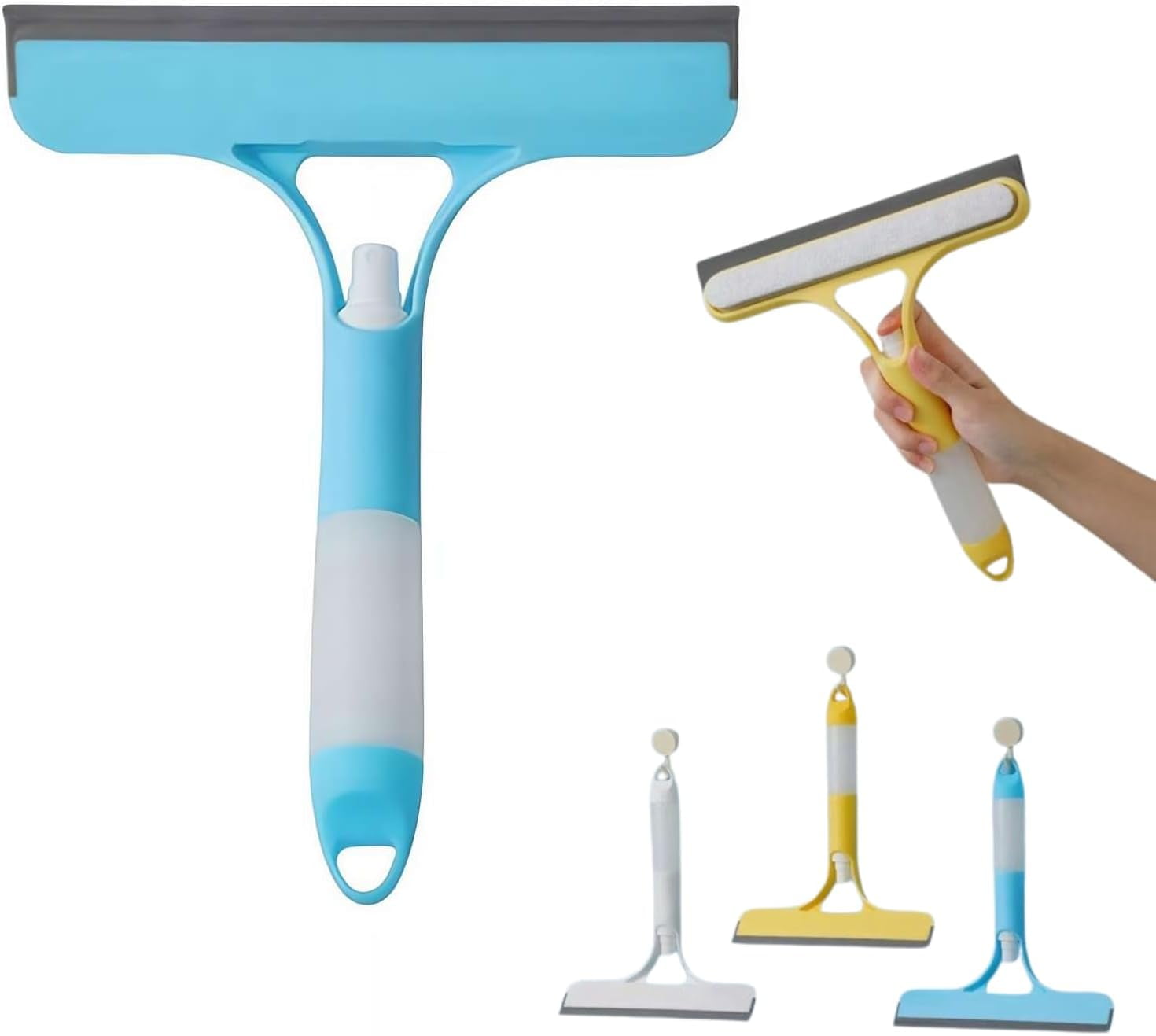 3 in 1 Spray Squeegee– Double-Sided Scrubber with Spray Bottle \u0026 Scraper – Portable Car, Home, Kitchen Window \u0026 Mirror Cleaner Tool (Blue)